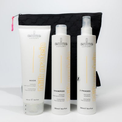 Набір для сухого та кучерявого волосся з молочними протеїнами Envie Sublime Milk з косметичкою у подарунок Raywell Black