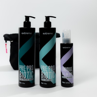 Комплексний набір для жирного волосся та проти лупи Extremo Pre-Pro Biotic + термозахист з косметичкою у подарунок Raywell Black