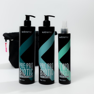Комплексний набір для жирного волосся та проти лупи Extremo Pre-Pro Biotic з косметичкою у подарунок Raywell Black