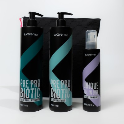 Комплексний набір для жирного волосся та проти лупи Extremo Pre-Pro Biotic + термозахист з косметичкою у подарунок Raywell Black