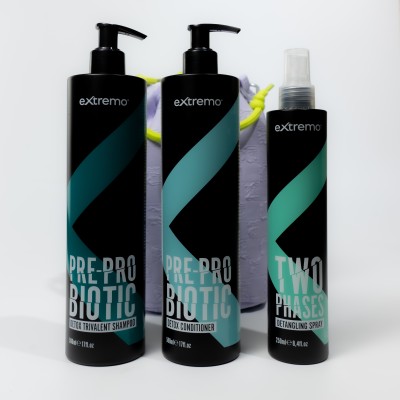 Комплексний набір для жирного волосся та проти лупи Extremo Pre-Pro Biotic з косметичкою у подарунок Envie Violet