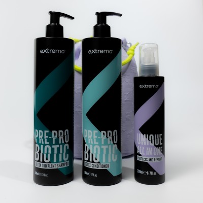 Комплексний набір для жирного волосся та проти лупи Extremo Pre-Pro Biotic + термозахист з косметичкою у подарунок Envie Violet