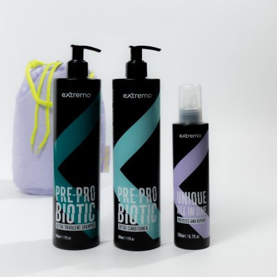 Комплексний набір для жирного волосся та проти лупи Extremo Pre-Pro Biotic + термозахист з косметичкою у подарунок Envie Violet